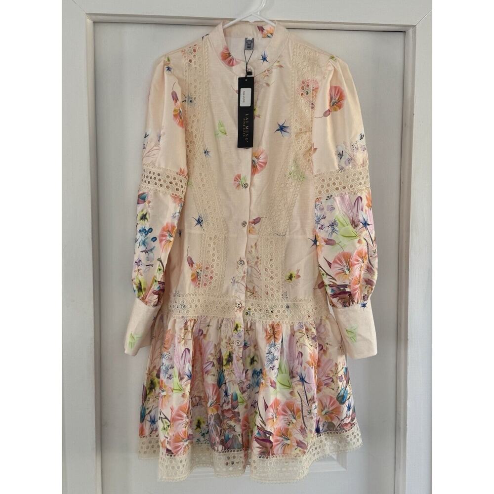 Lai Meng Five Cats Dress Sz L Drop Waist Button Cuff Open Weave Lace Trim NWT